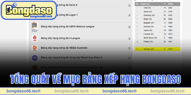 Bảng Xếp Hạng Bongdaso - Cập Nhật Tức Thời Và Miễn Phí 1 Tổng quát về mục bảng xếp hạng Bongdaso